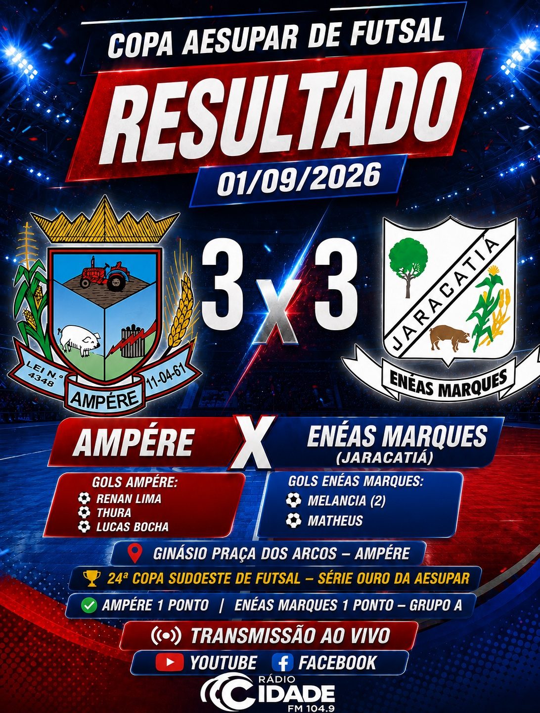 ENÉAS MARQUES BUSCA EMPATE FORA DE CASA PELA COPA SUDOESTE DE FUTSAL