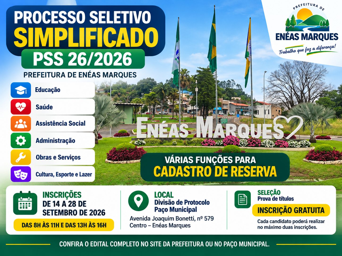 Prefeitura de Enéas Marques abre PSS para cadastro de reserva em diversas áreas